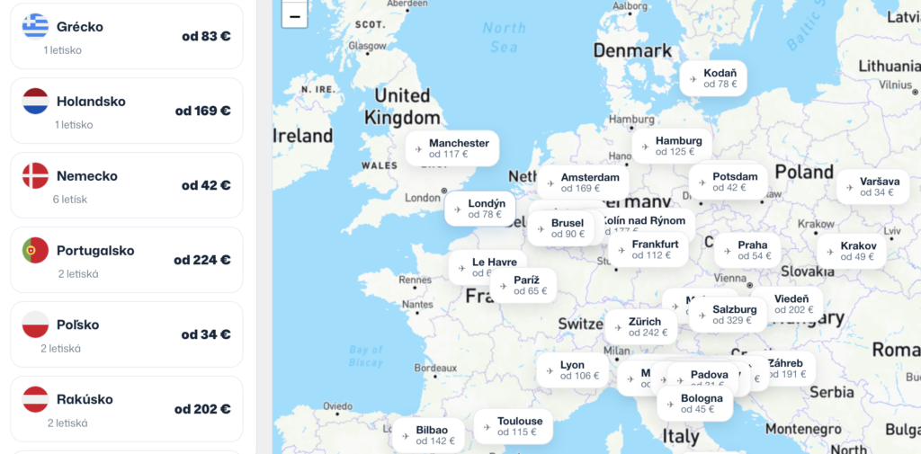 Mapa lacných leteniek na tripo.sk